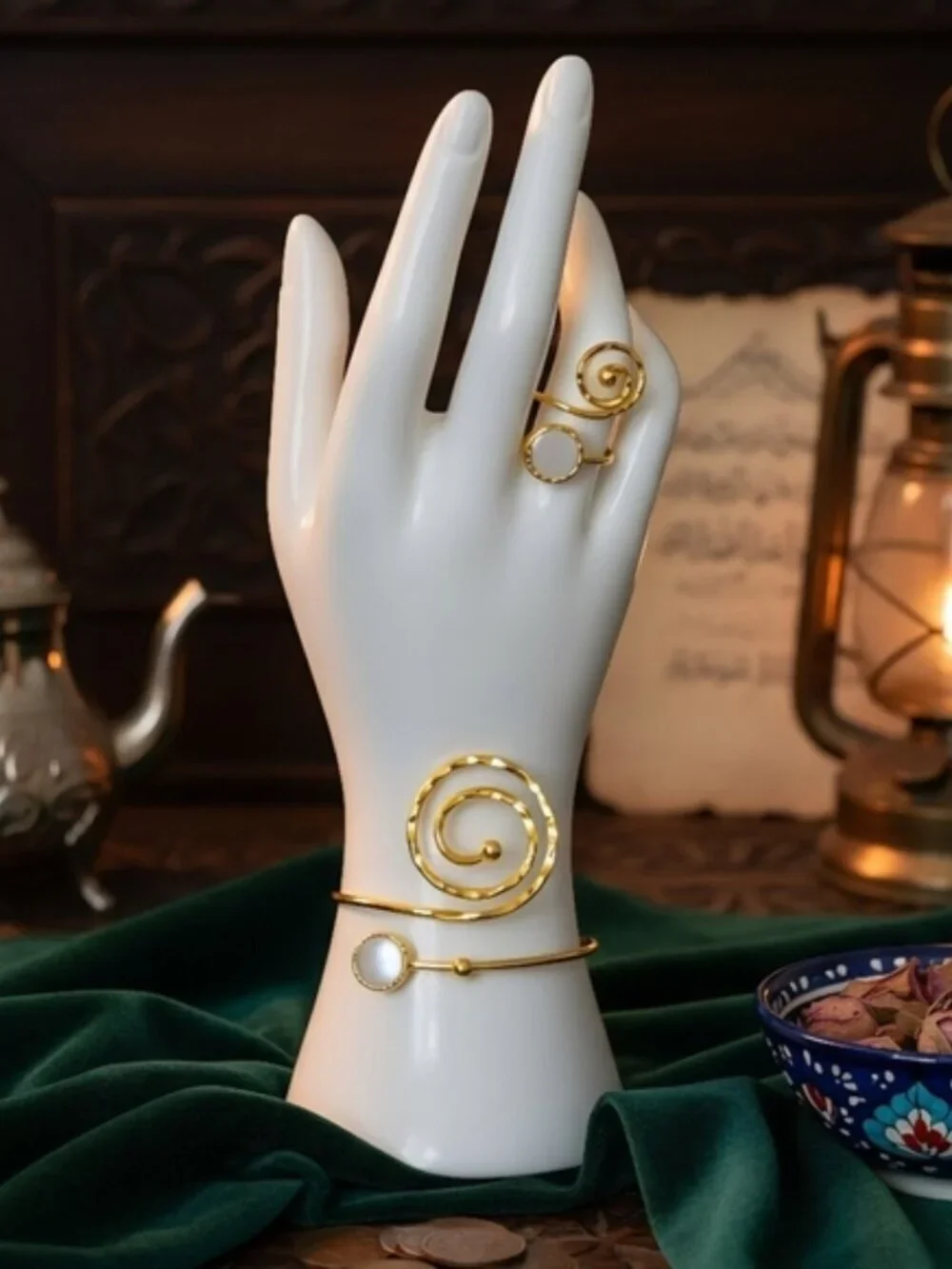 Turkish Artisanal 18K Gold Plated Spiral Set MOP Ring and Bracelet Boho